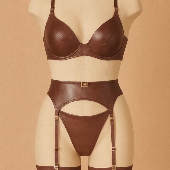 Honey Birdette Emily Deep Mahogany Lingerie Set NWT Bra 32B Thong XS Garter XS - Picture 1 of 11